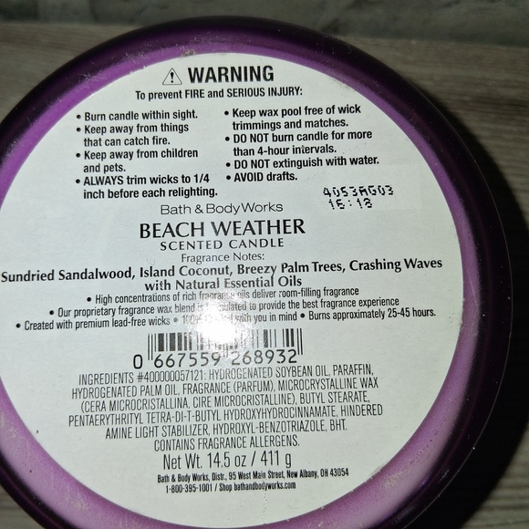 Bath & Body Works BEACH WEATHER 14.5oz. 3- Wick Candle. Sandalwood, Coconut. NEW - Picture 5 of 5